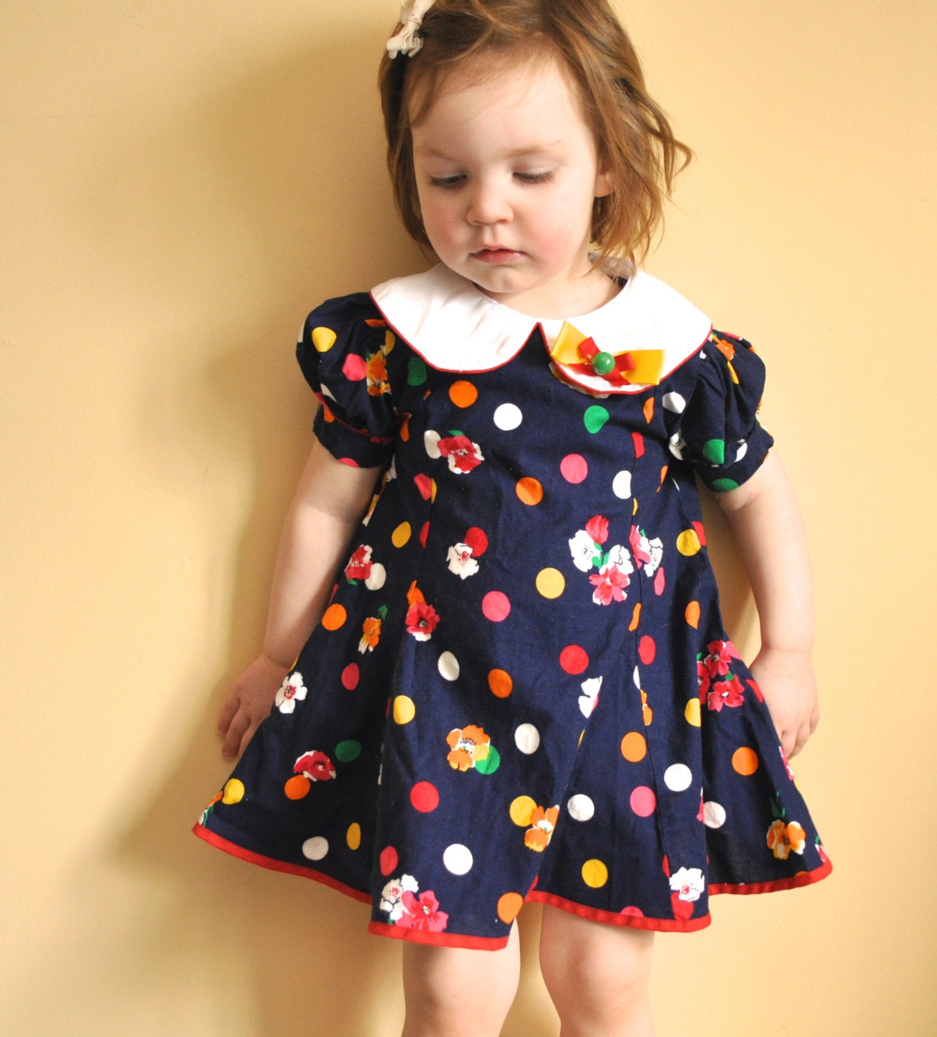 vtg toddler party dress, navy blue, polka dots, flowers, peter pan collar, size 2t