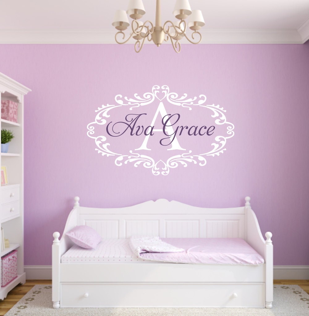 Name Wall Decal Baby Nursery Shabby Chic Heart Frame Personalized Vinyl Name and Initial Decal for Girl Baby Nursery 22Hx36W FS160