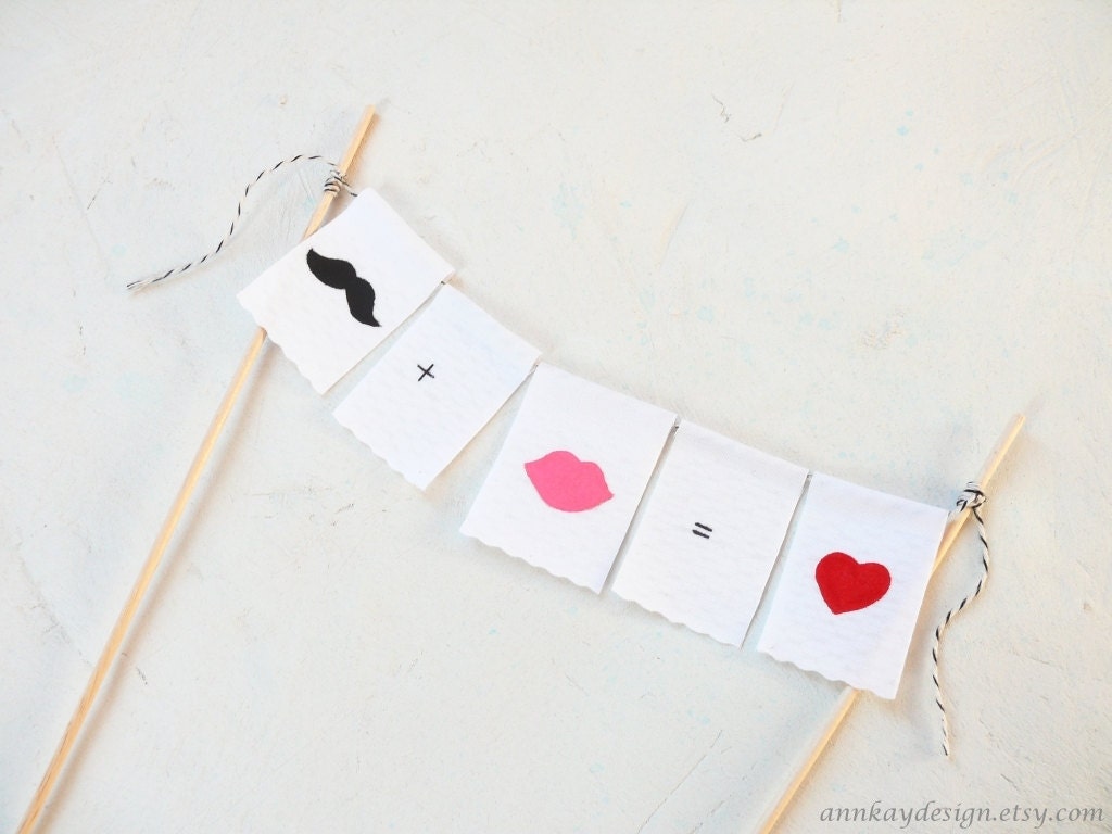 Mustache and Lips Cake Topper Bunting Handpainted Fabric Garland V2