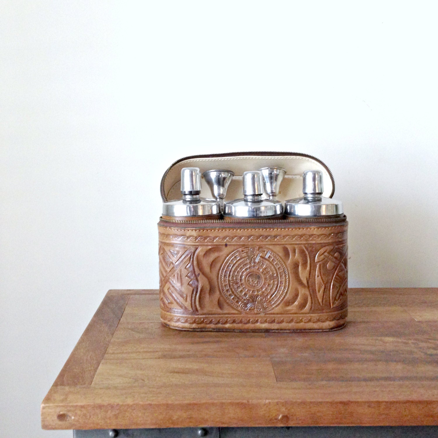 Vintage Tooled Leather Liquor Set - Mexico, Southwestern, Travel