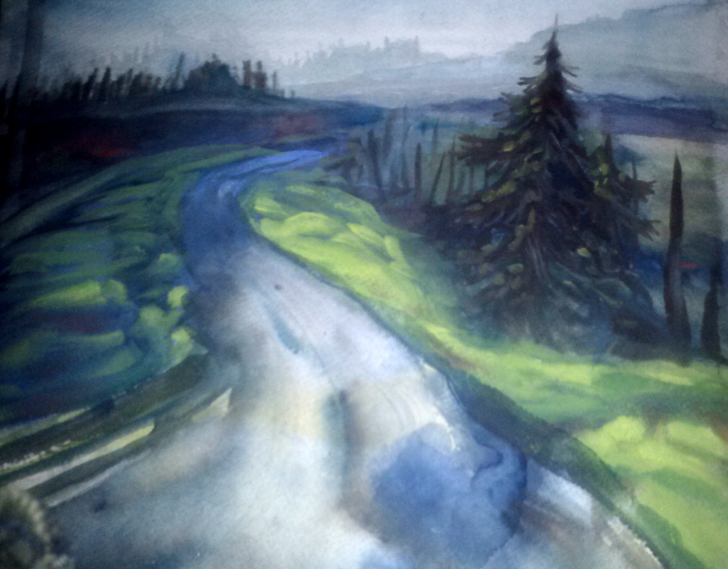western Oregon landscape, watercolor study, modern landscape painting