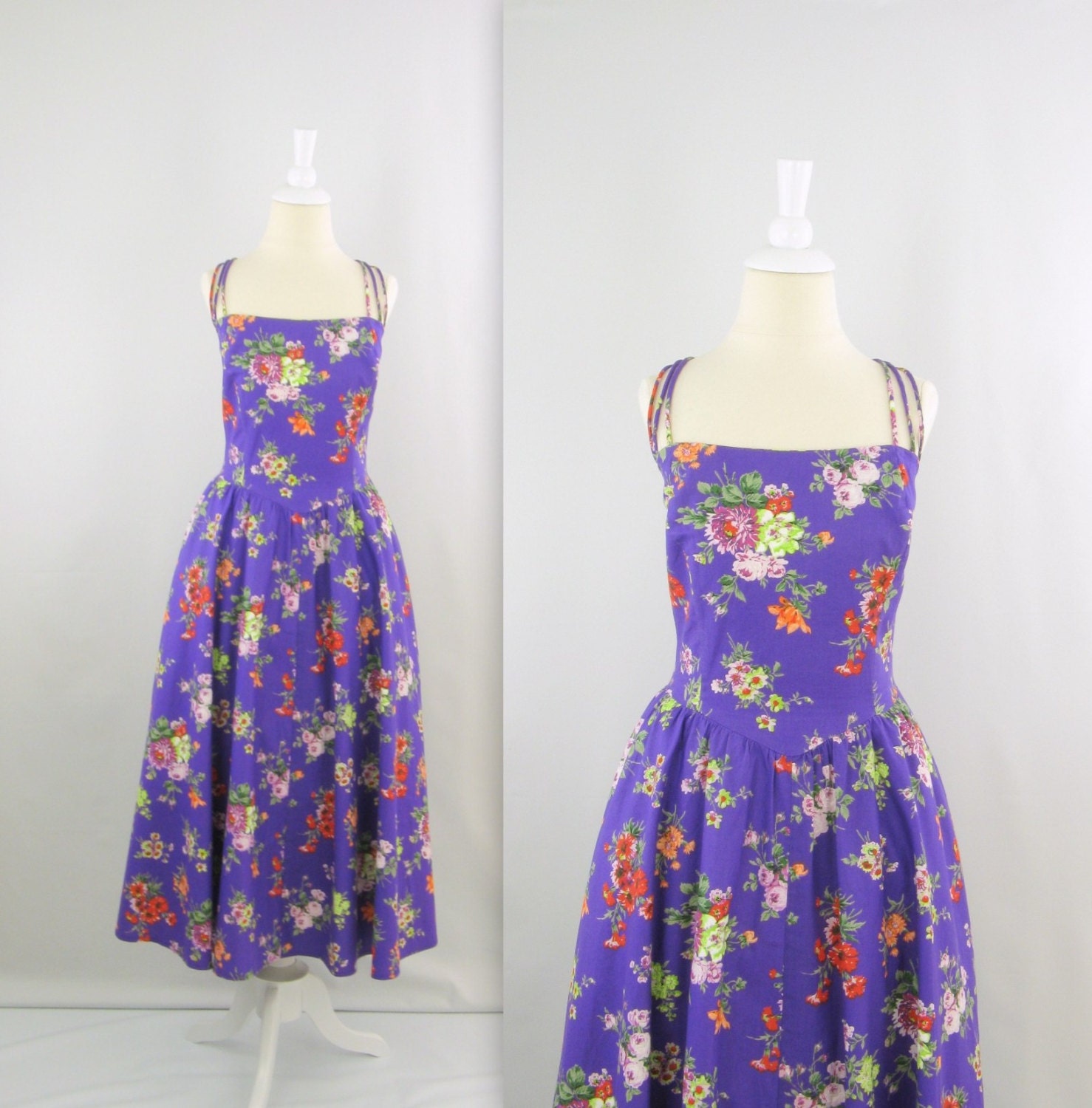 Vintage 1980s does 50s Full Skirt Cotton Floral Party Dress in Purple - Small Medium by JS Sophisticate