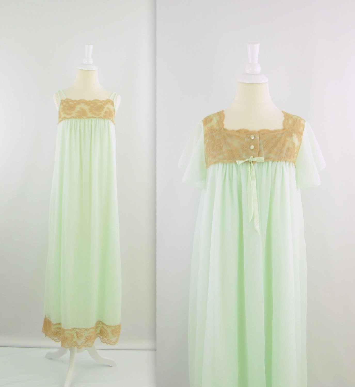 Vintage 1950s Mint Green Chiffon Nightgown Peignoir Set - Medium Large by Lov Lee