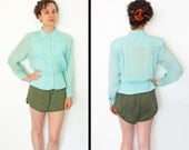 1980s sheer long sleeve blouse by allison smith petites size s / med in PISTACHIO green