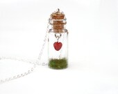 Heart in a Jar Necklace, Valentine Love Gift with Grass and a Hanging Heart, Whimsical, 16 inch chain