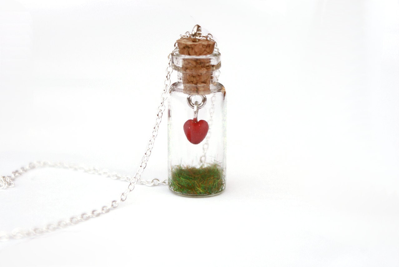 Heart in a Jar Necklace, Valentine Love Gift with Grass and a Hanging Heart, Whimsical, 16 inch chain