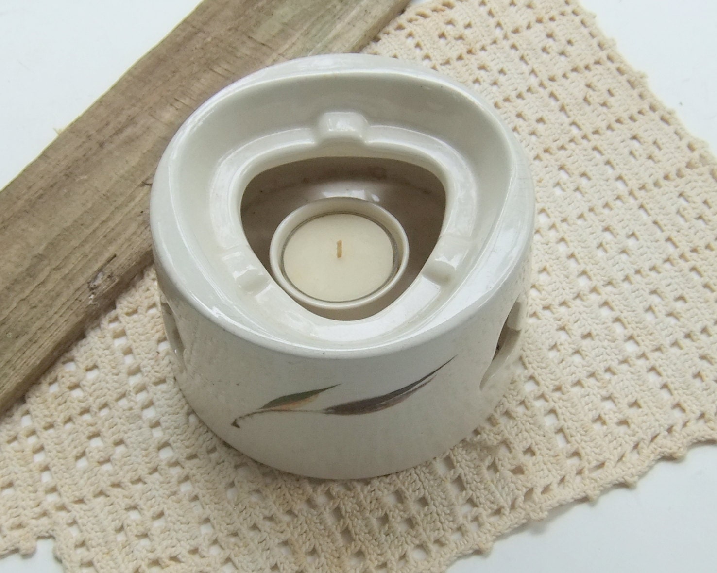 Vintage Hand Painted Votive Candle Holder by Kanedai Grey Bamboo Linen Finish Cream