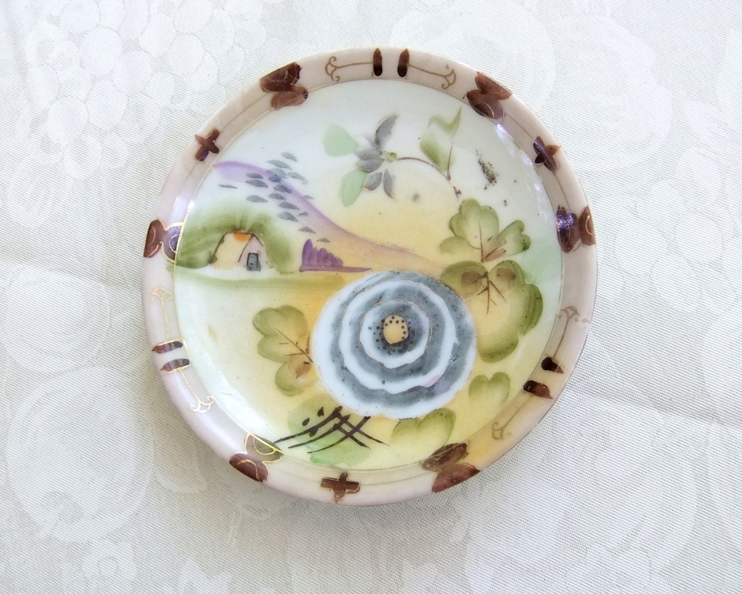 Antique Nippon Tea Saucers Porcelain Rural Floral Scene Handpainted Brown Purple