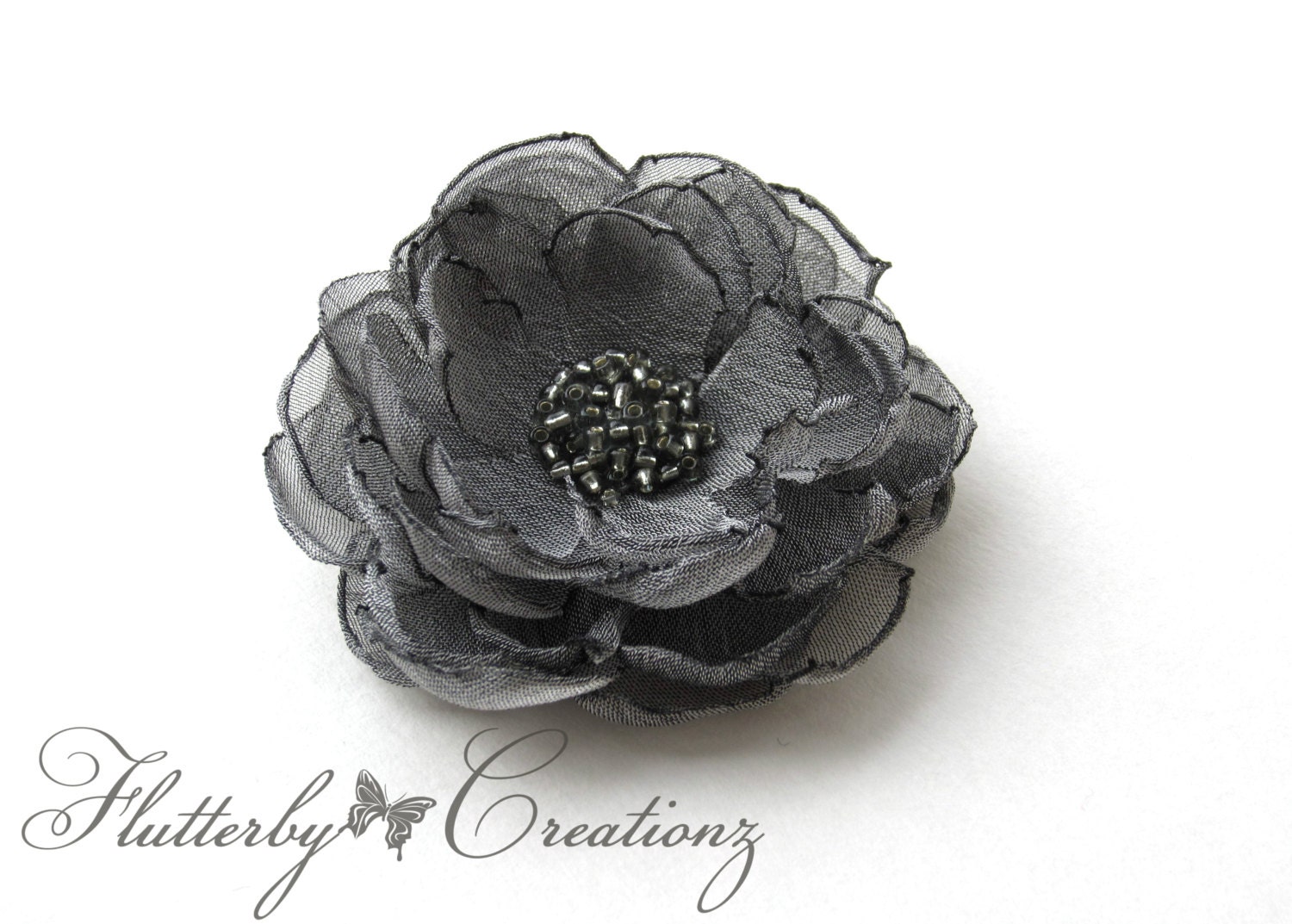 Small Sheer Silver Grey Burnt (Heat Singed) Satin Petal Flower Clip - Baby Toddler Girl Teen Ladies Women Gifts Wedding Special Occasion