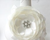 Bridal Ivory Off White Burnt (Heat Singed) Satin Petal Rosette Flower Clip with Pearls Silver Center - Wedding, Bride, Handmade