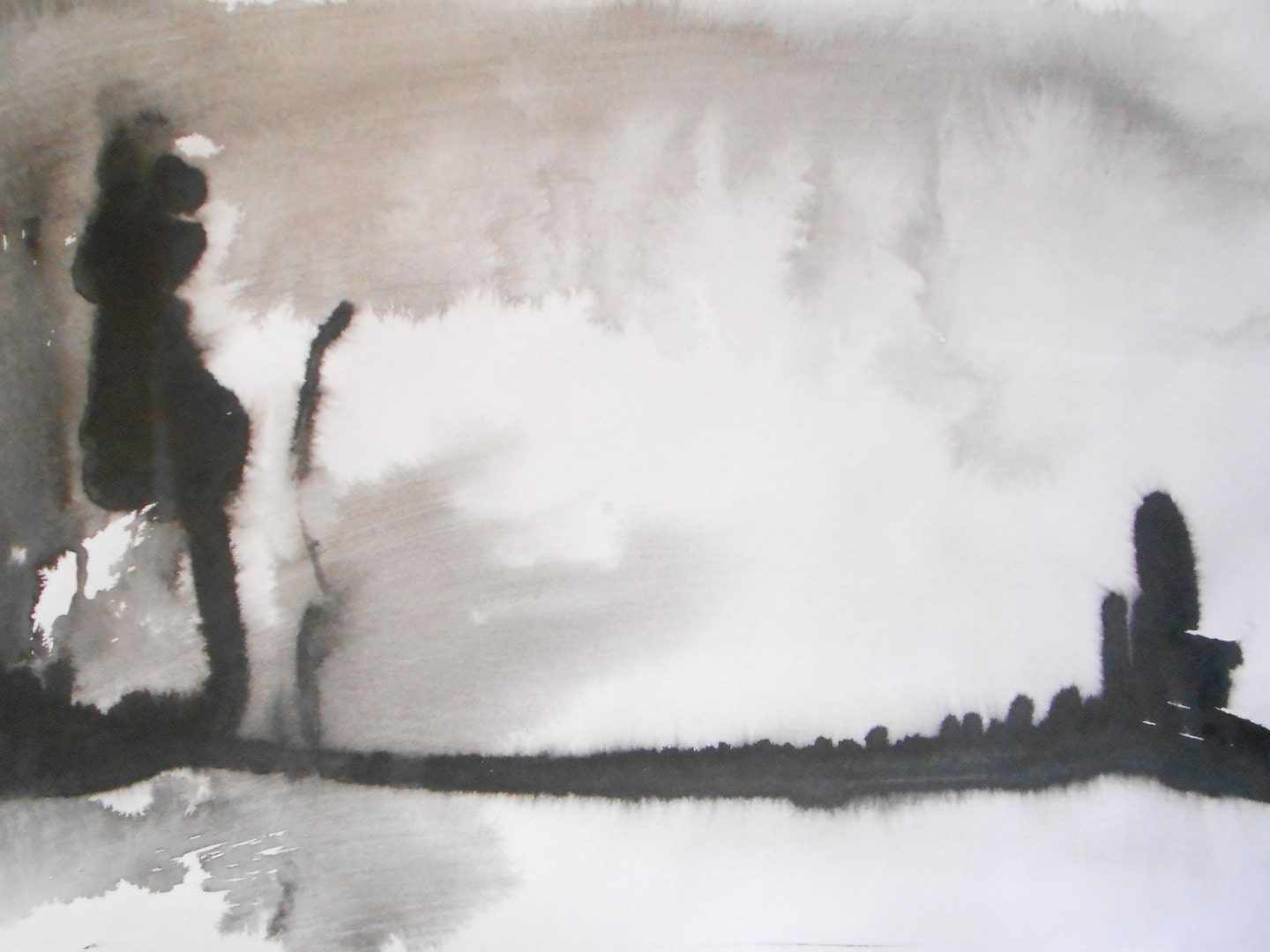 A3 Original Fine Art Black and White Abstract Ink Wash Painting 11.7x16.5 " Glory Days 064"