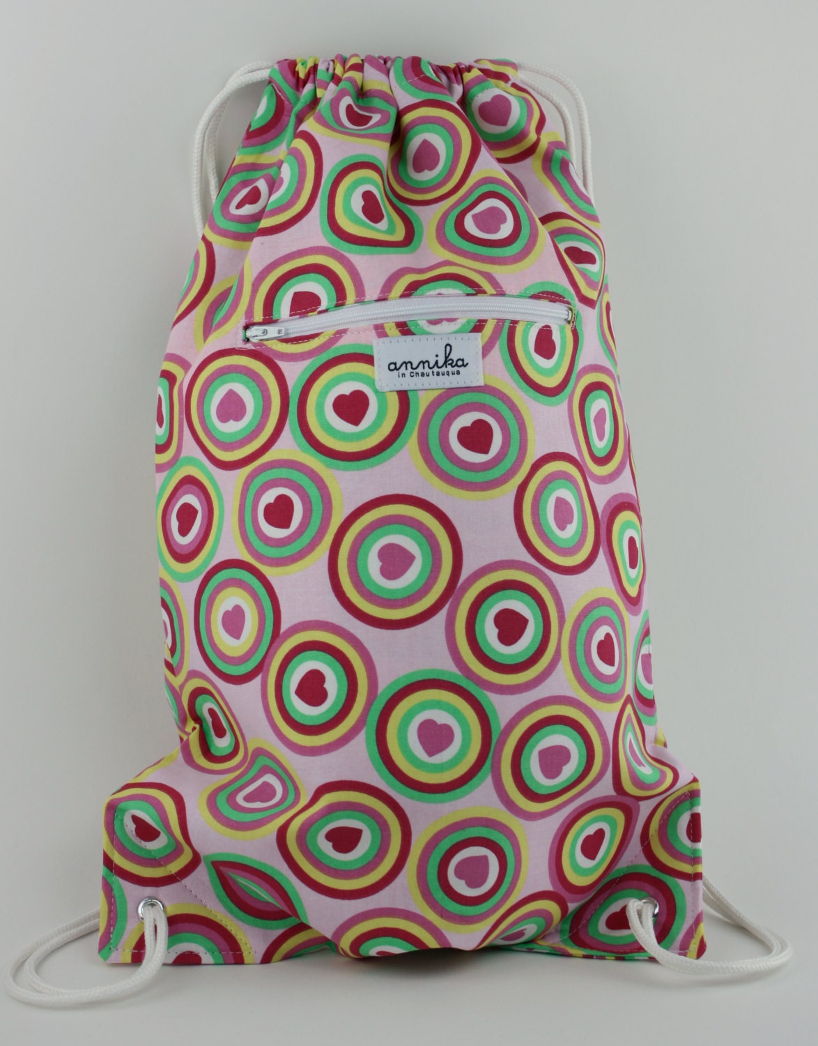 Sacksack Drawstring Backpack in Pink, Red, and Green Hearts / Ready to Ship ...From Annika in Chautauqua