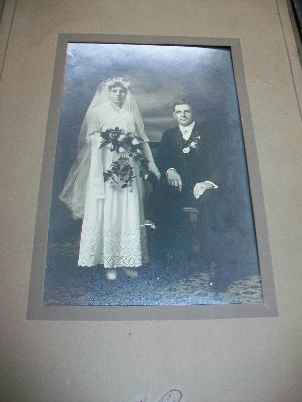 Edwardian Bride and Groom Wedding Photograph 1900-1910s 11 x 7