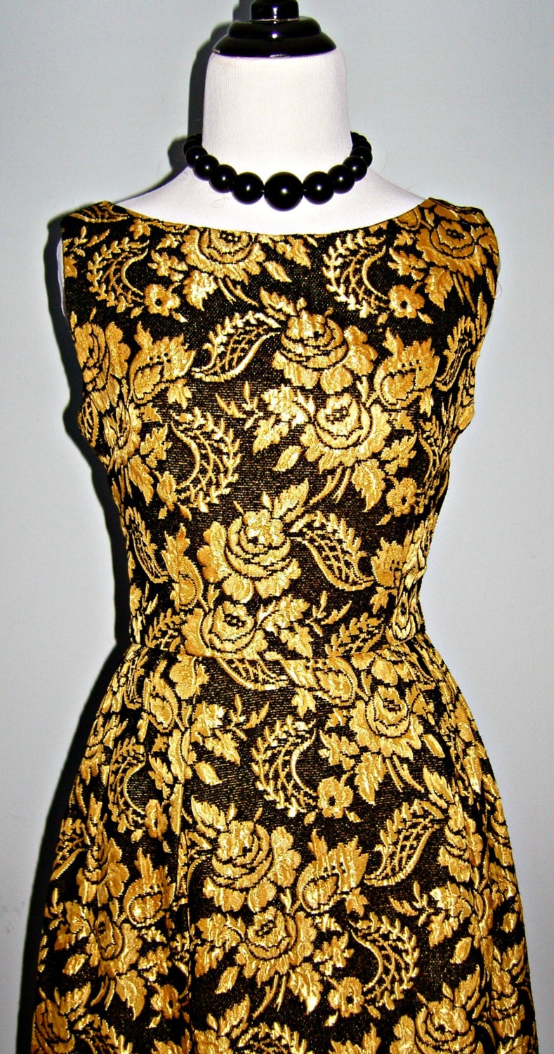 Vintage 50s 60s Black and  Metallic Gold  Lame' Brocade Long Maxi Evening Cocktail Old Hollywood Hostess Dress Size XS S
