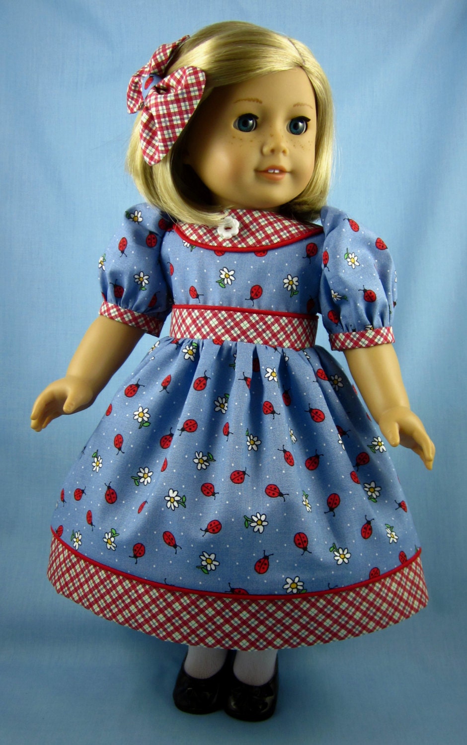 American Girl Doll Clothes  - Dress and Hair Bow - Ladybugs and Daisies