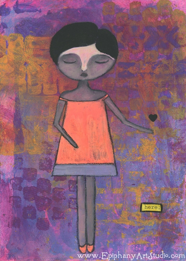Giclee Print - 5" x 7" Brave Girl, Neon Inspirational Mixed Media Decor, Pink Orange Purple Wall Art, Whimsical Word Art - "Here"