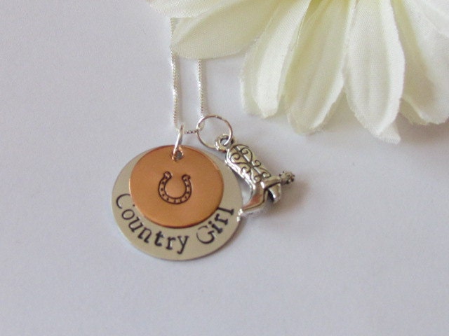 COUNTRY GIRL - Cowboy Boot-Horseshoe -  Hand Stamped Jewelry