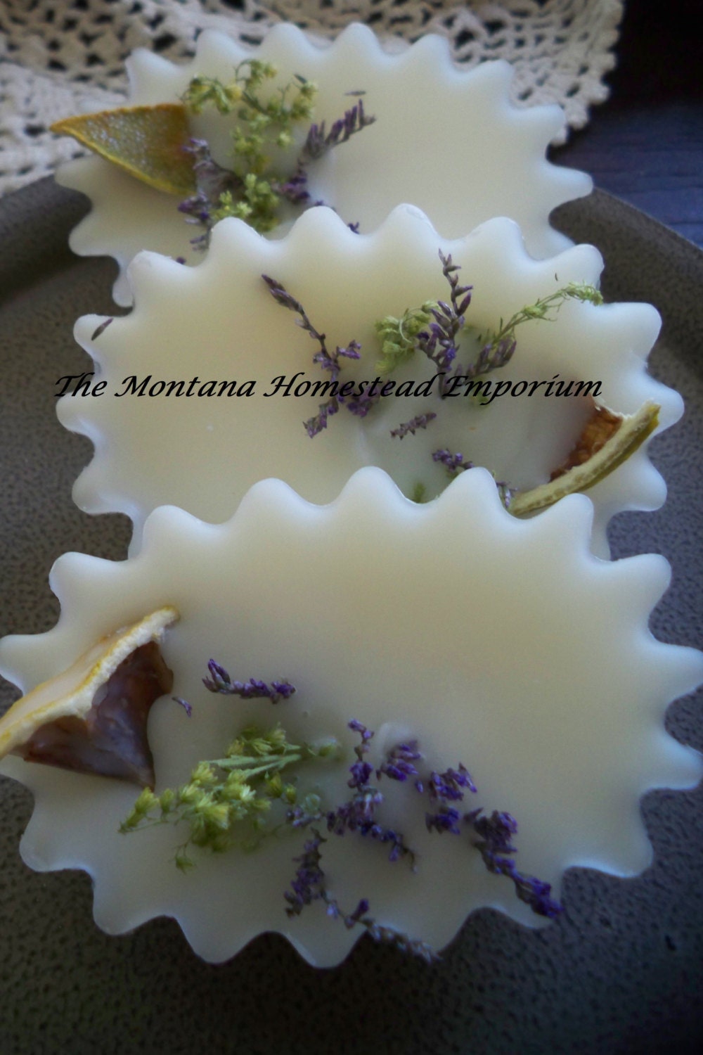 3 Soy and Beeswax Premium melting cakes tarts 3 pack Violet Lime scent Montana candles dried florals shabby chic