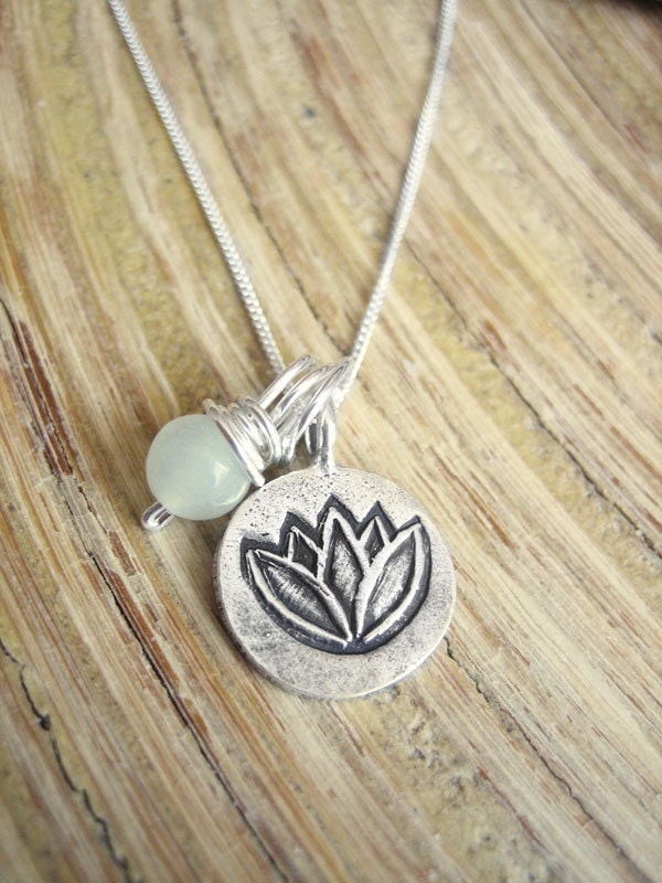 Silver Lotus Necklace - New Jade Wire Wrapped Bead Charm on Sterling Silver Chain, Serpentine Yoga Necklace Light Green Stone
