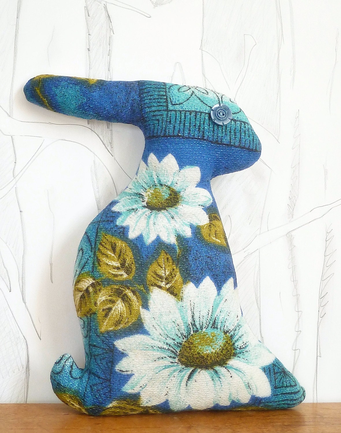 Blue floral vintage fabric hare cushion/ plush- Limited edition