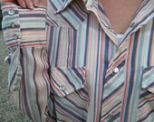 Vintage Pearl Snap Rockabilly Western Long Sleeve Shirt, men's gift striped soft cotton, urban cowboy BRONCO, Size Large 16.5 made in USA