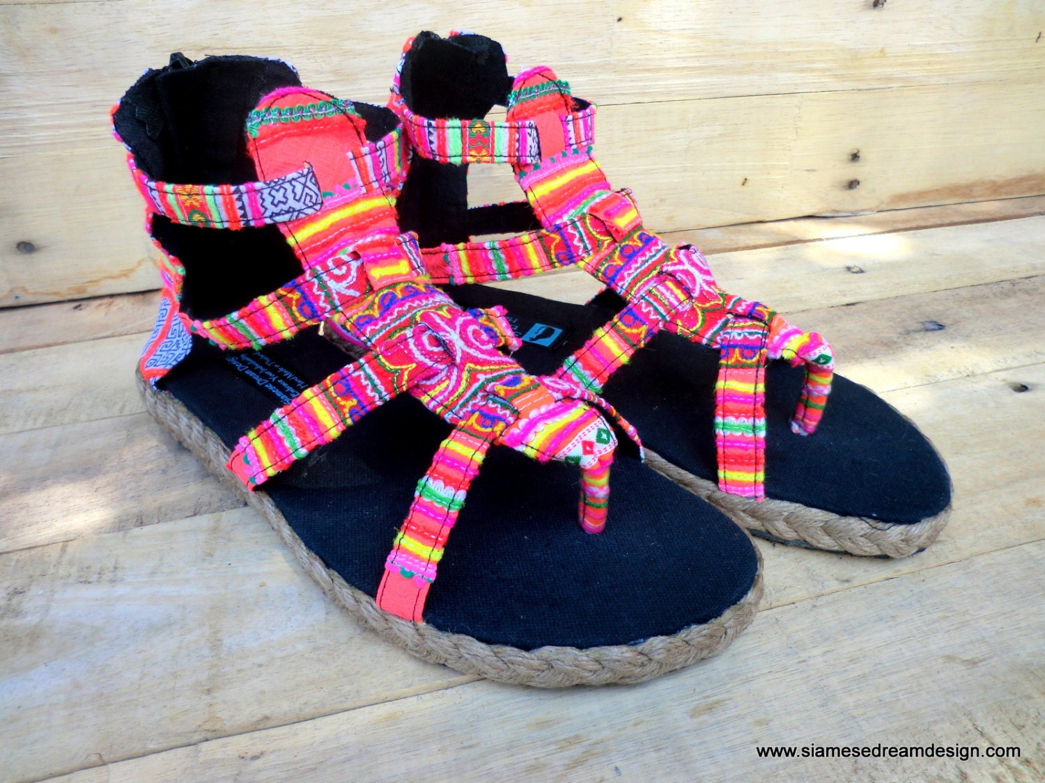 Womens Gladiator Sandals, Summer Shoes In Hmong Rainbow Embroidery and Batik Isadora