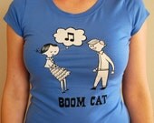 Love & Music: Cute Blue Retro Women's Tee with Handmade Vintage Art Screen-Print  S M L