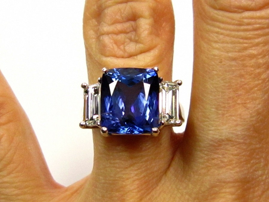 Rare GIA Certified Vintage Estate 7.31ct Cushion TANZANITE Diamond Deep AAA  Violetish Blue in Platinum Ring
