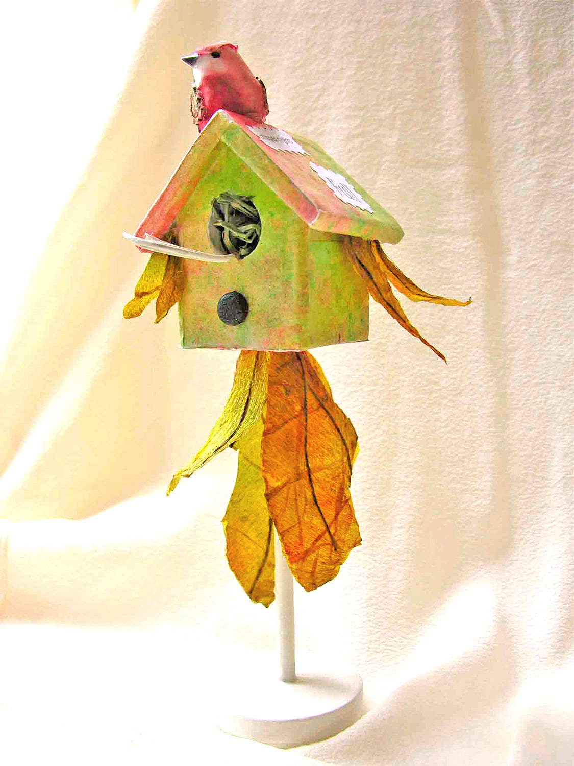 Bird House Miniature Green Pink Mothers Day Autumn Wedding Shabby