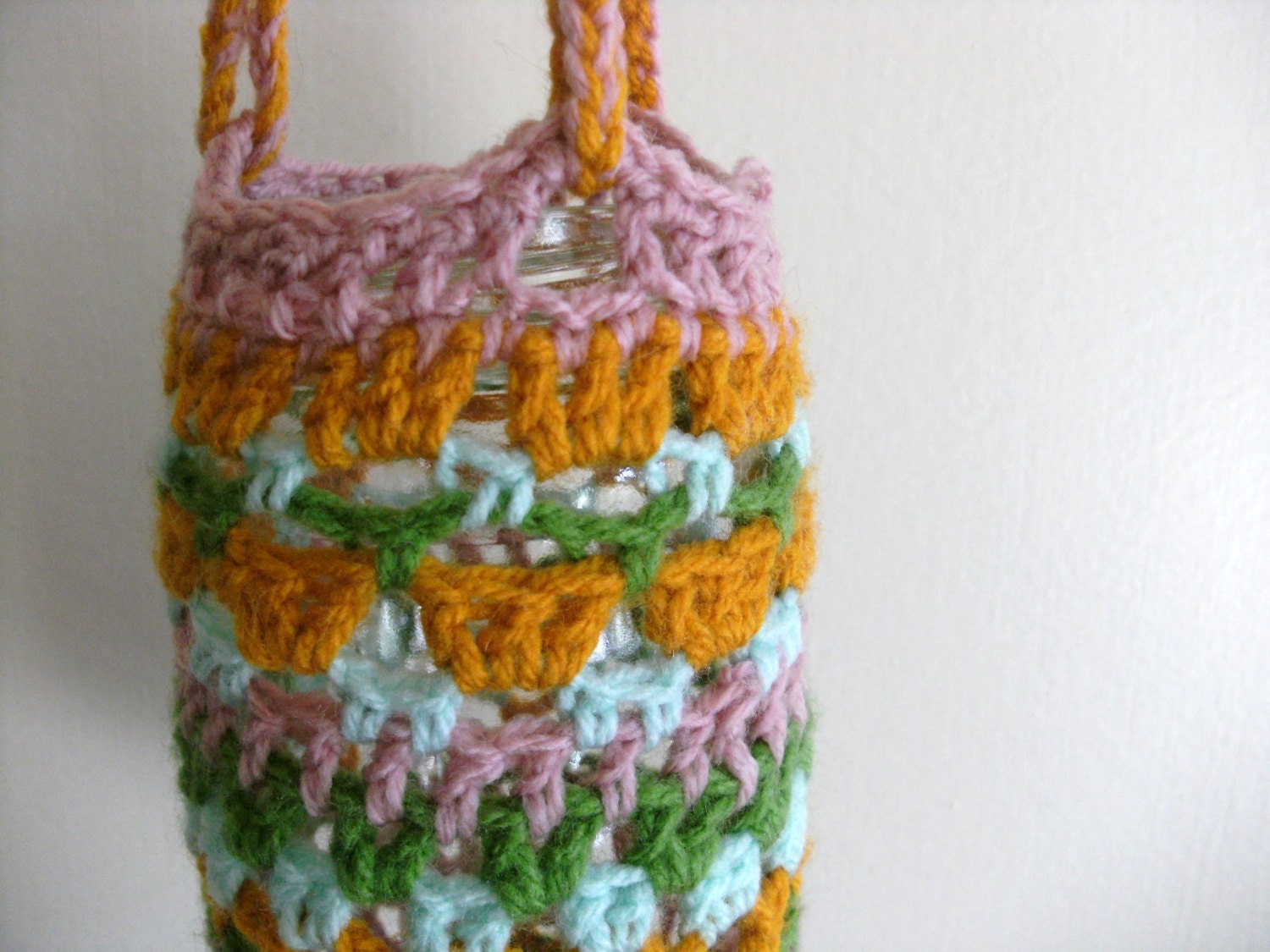 Hanging Jar, vase, crochet covered jar.