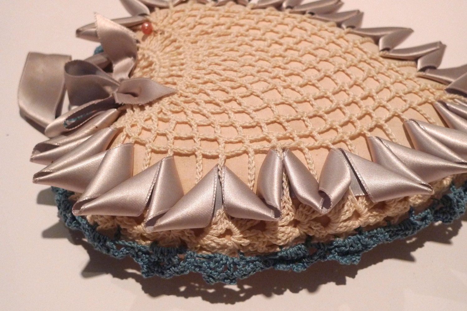 Pin Cushion Antique Wedding Crochet Handmade Ring Bearer 40's Small Pillow Valentine's Day Blue & Cream Silver Ribbon 9" FREE SHIPPING