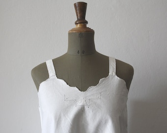 1900s French White Cotton Top with Straps // Embroidered initials //Size Large
