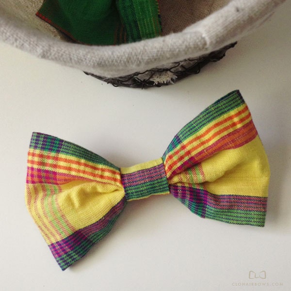 Seersucker Plaid Clo Hair Bow in Yellow - Woven Seersucker Plaid Hair Bow