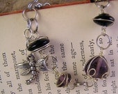 Black & Purple bracelet. Silver Wire-wrapped with dragonfly charm. vintage style jewelry. Jet and amethyst beads