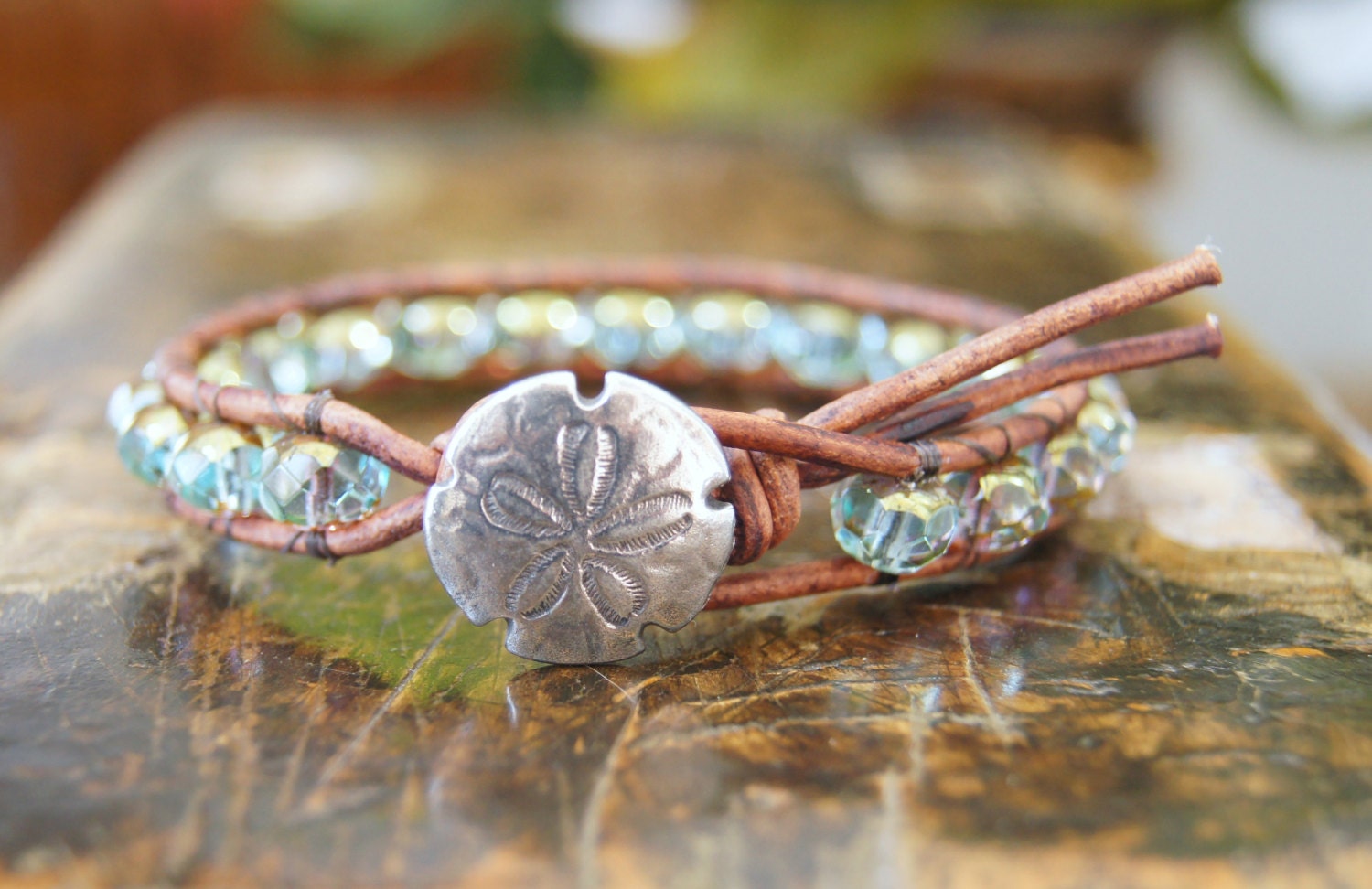 Aqua Beaded Leather Bracelet - aqua teal blue Czech glass Boho Bohemain chic sand dollar handmade pewter button