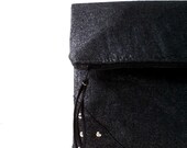 Vegan Studded Clutch, handbag,  foldover clutch,Metallic black linen.