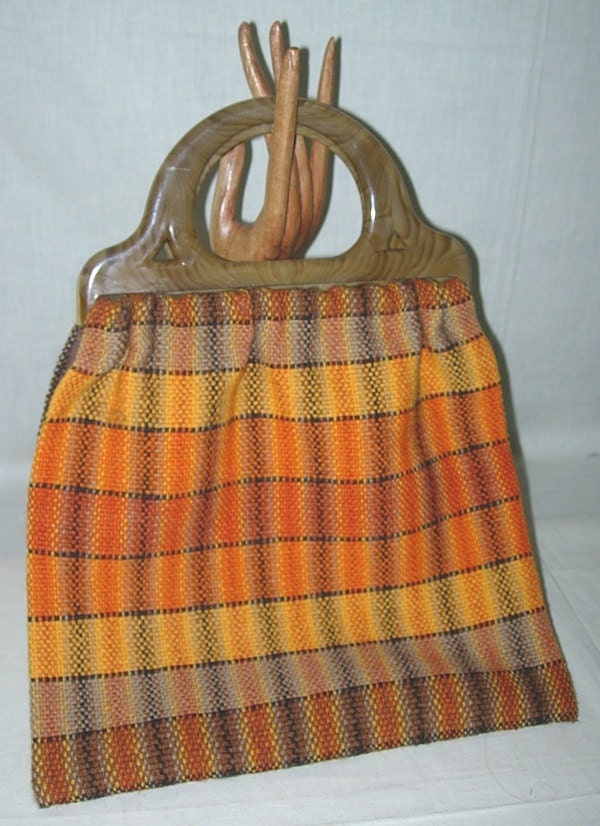 vintage Finely Woven Hand Loom Wool Bag Purse Autumn Earth Tone Colors Lined Faux Wood Grain Handles Groovy Boho Hippie Love Child