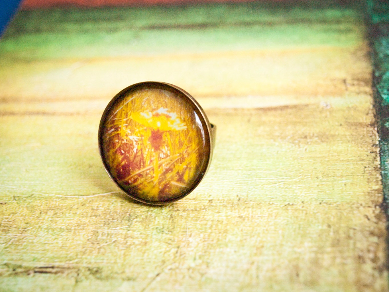 Yellow Summer Dandelion- Antique Bronze adjustable ring with photograph