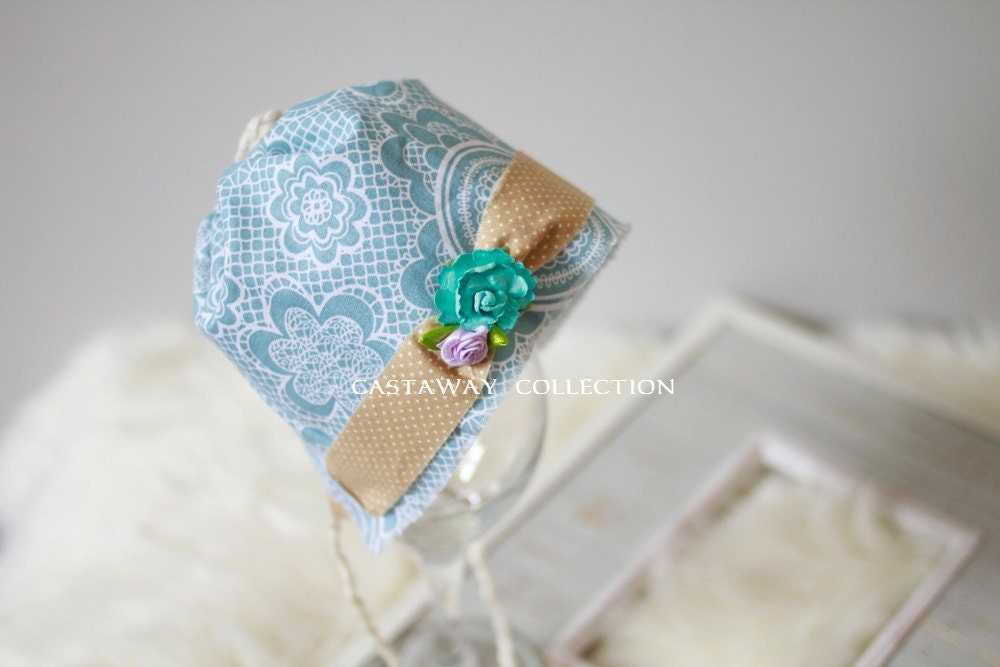 Newborn Photo Prop: Newborn Bonnet - Vintage Inspired Fabric Hat, Upcyced Photography Props