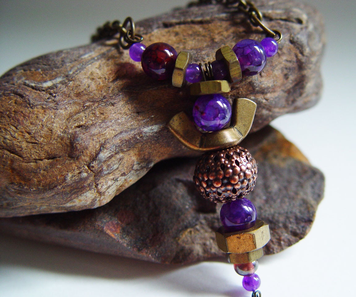 Antique Bronze and Deep Purple Beaded Wing Nut Angel Necklace