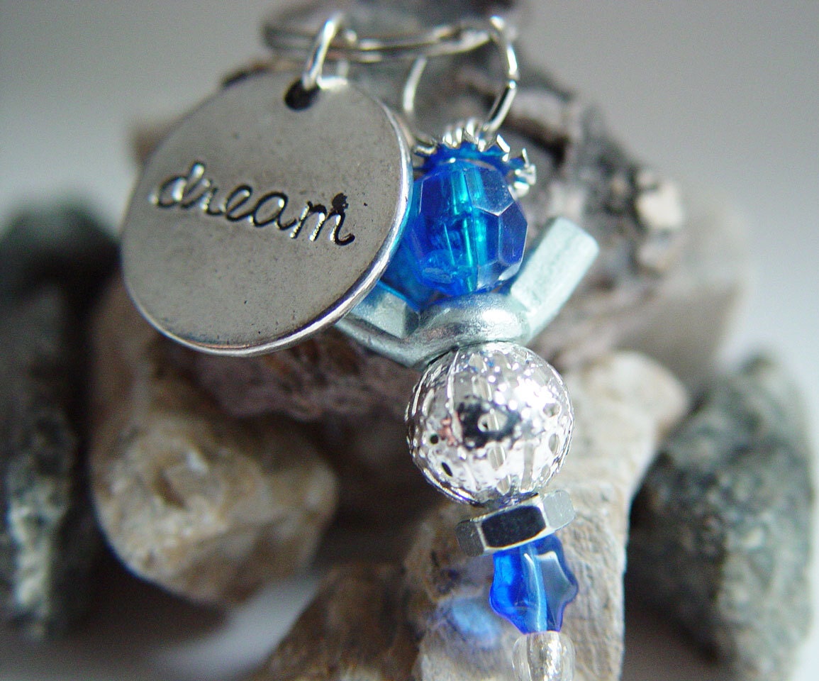 Royal Blue iridescent Beaded Silver Wingnut "Dream" Angel Charm Keychain