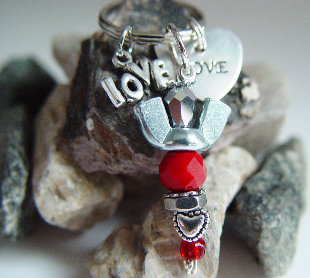 Blood Red & Mirror Beaded Silver Wingnut "Love" Angel Charm Keychain
