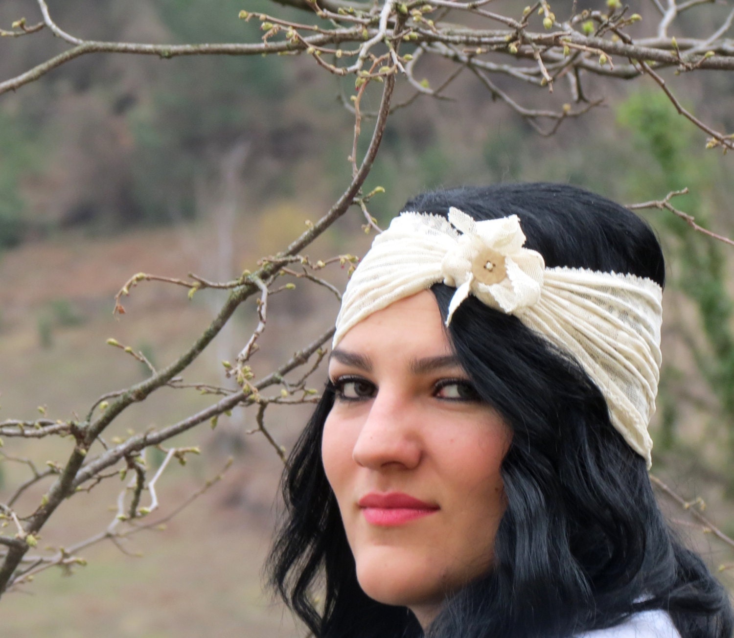 Lace Headband ivory With Vintage Button / Wide Lace Black Headband Shadow Stretch Lace Head Wrap Stretchy Bohemian Headband