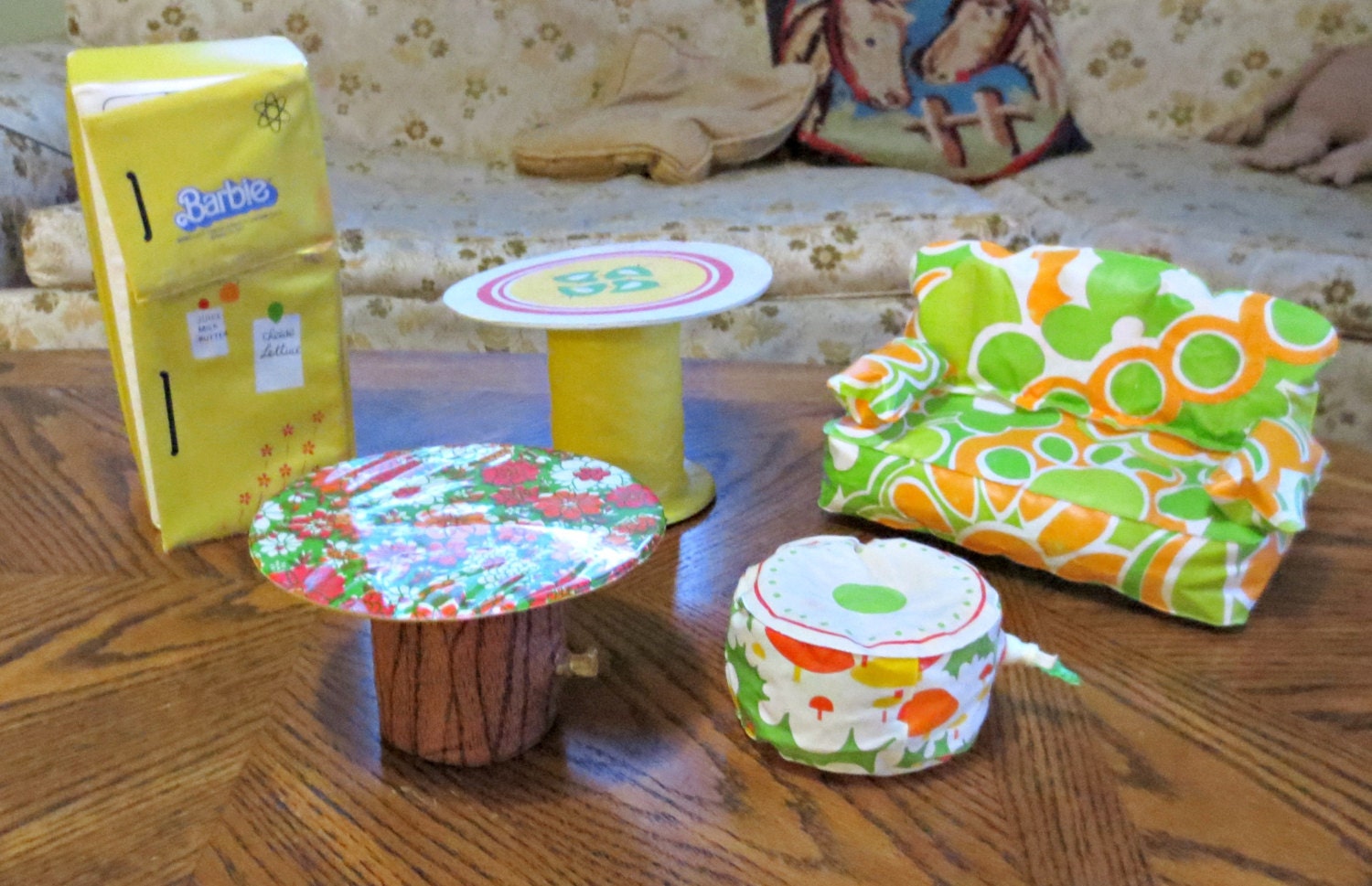 Vintage 70's Barbie Furniture Inflatable Barbie Doll Furniture Fridge, Couch, Tables, and Ottoman