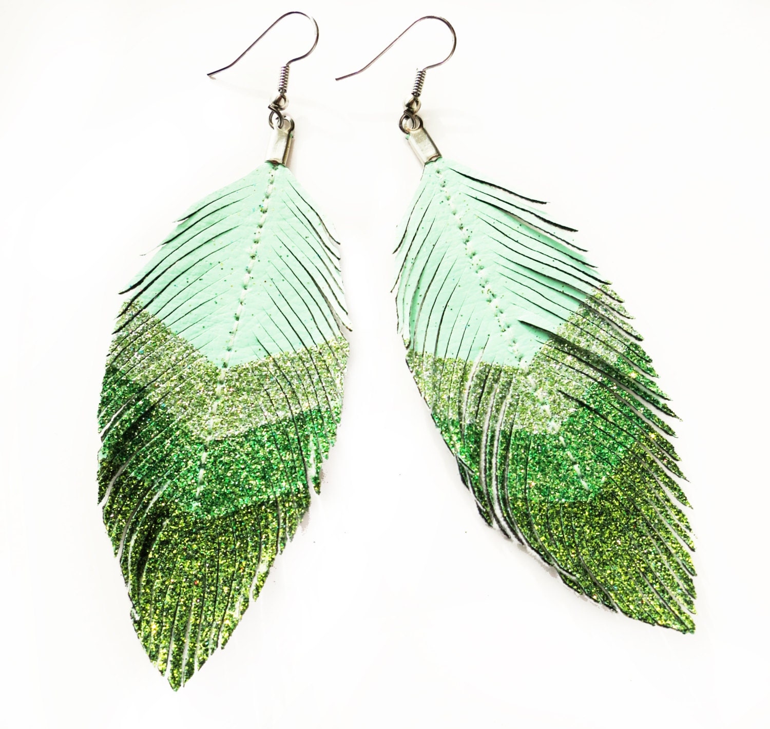 Seafoam Chevron - Green Glitter Faux Leather Feather Earrings - lovesexton