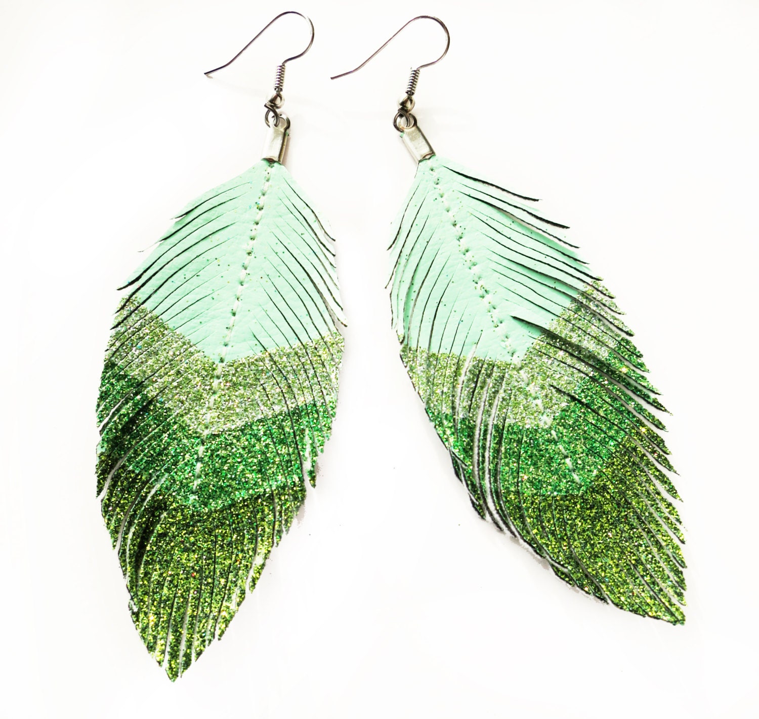 Seafoam Chevron - Green Glitter Faux Leather Feather Earrings