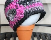 Toddler Chunky Black & Pink Beanie with Button Flower Black Raspberry Toddler size 12 months to 3 years old