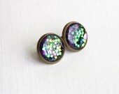 Glitter Earrings, Resin Post Earrings, Small Resin Earrings, Sparkly Earrings, Green and Purple