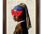 LIVING ROOM DECOR, Home Office Decor, Vintage Dictionary Art Print, Mixed Media Poster, Hand Painting Old Book Page - Girl with a Red Mask