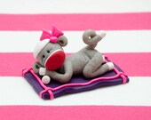 Sleeping Girl Sock Monkey on Purple and Pink Blanket, Sock Monkey Cake Topper, Polymer Clay Creations by Creative Contours